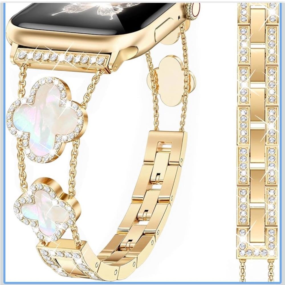 Gold and Pearl Watch Band with Crystal Accents